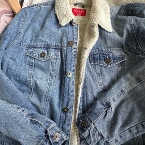 Guess Light Blue Denim Jacket with Cream Sherpa - Guess Sherpa Jacket